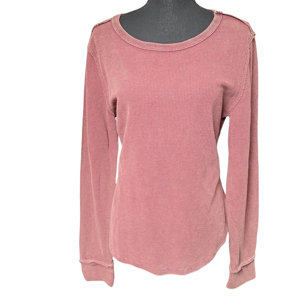 Burgundy Waffle Knit Exposed Seam Long Sleeve Top